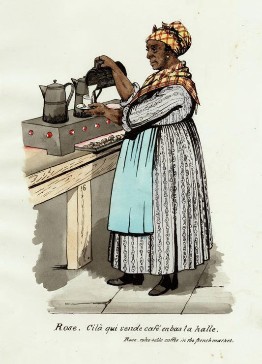 Rose, the Coffee Woman at the French Market, hand-colored lithograph by Léon Joseph Frémaux, from New Orleans Characters (New Orleans: Peychaud and Garcia, 1876). HNOC, L. Kemper and Leila Moore Williams Founders Collection, 1951.78